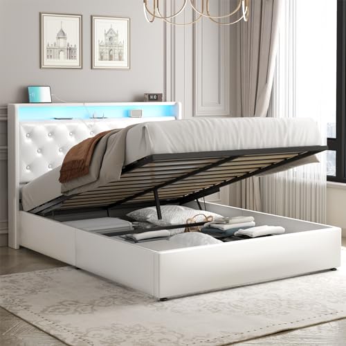 Loomie Queen Lift Up Bed Frame with Charging Station&LED Lights,Leather Upholstered Bed with Button Tufted Wingback Storage Headboard,Hydraulic Storage, No Box Spring Needed,Wood Slats Support (White)