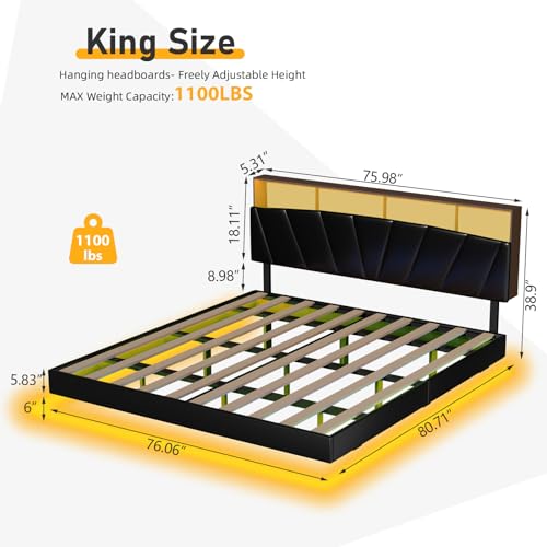 DYHOME Floating Bed Frame King Size with Headboard Storage, King Bed Frame with Charging Station & LED Lights, PU Leather Upholstered Platform Bed Frame, No Box Spring Needed, Easy Assembly, Black