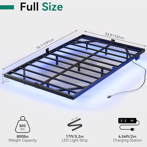 YITAHOME Floating Bed Frame Full Size, LED Bed Frame with Charging Station, Metal Platform Full Bed with Heavy Duty Steel Slats Supports, No Box Spring Needed, Easy Assembly, Black