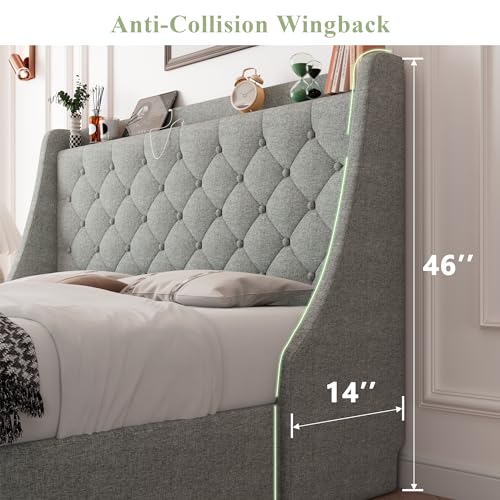 Feonase Queen Size Bed Frame with 4 Storage Drawers, Upholstered Storage Bed with Charging Station, Tufted Wingback Storage Headboard, No Box Spring Needed, Light Grey