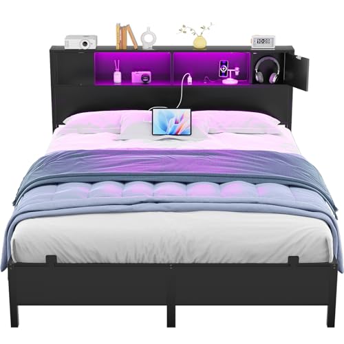 Homieasy Queen Size Bed Frame with Storage Headboard and Charging Station, Industrial Platform Metal Bed with LED lights, Steel Slat Support, No Box Spring Needed, Noise-Free, Easy Assembly, Black