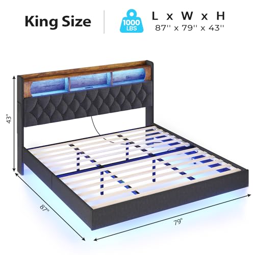 BTHFST King Floating Bed Frame with LED Light, Upholstered Headboard with Storage Headboard & Charging Station, King Platform Bed Frame (Dark Grey, King)