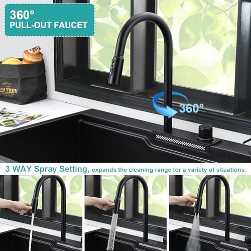 33 Black Drop In Waterfall Kitchen Sink with Faucet Combo-iAnomla 33x22 Drop In Kitchen Sink Smart Workstation Sink Black Quartz Multifunction Kitchen Sink Single Bowl Deep Kitchen Sink with Faucet