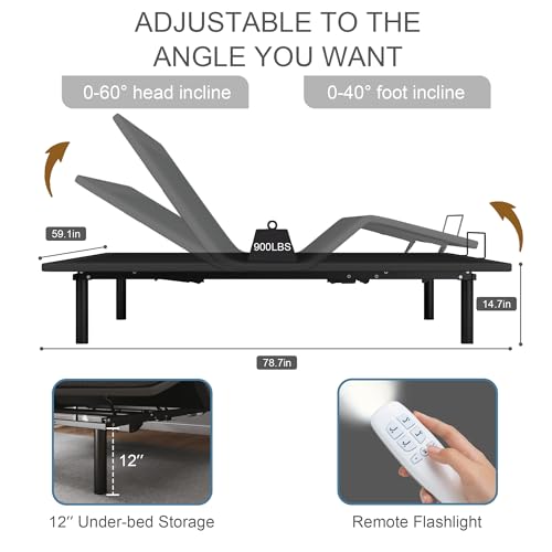 GOLDORO Ergonomic Queen Size Adjustable Bed Base, Wireless Remote Control, Whisper Quiet Durable Motor, Independent Head and Foot Incline