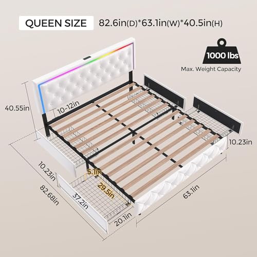 Queen Size Bed Frame with 4 Drawers and Adjustable LED Headboard, Velvet Upholstered Platform Storage Bed with Charging Station, Wooden Slats Support, No Box Spring Needed, White