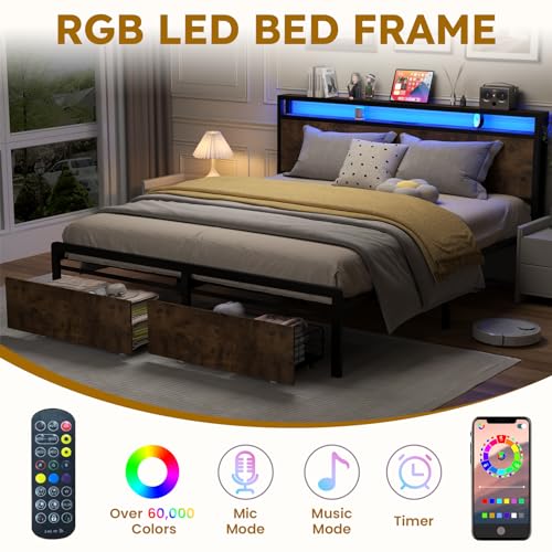 Kiivakii Full Size Bed Frame, LED Storage Headboard with Charging Station, 2 Drawers Platform Bed Frame, Stable and Solid, No Box Spring Needed, Rustic Brown