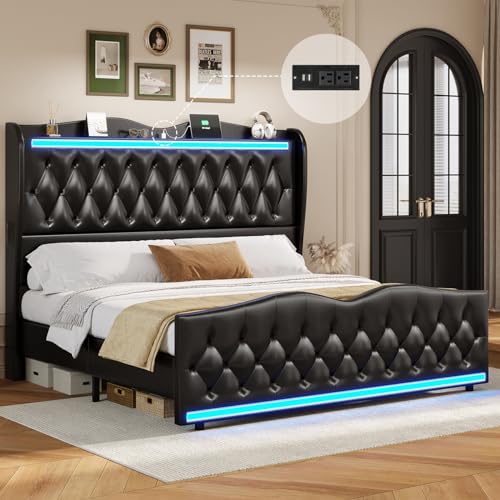 BTHFST King Size Bed Frame Tall Headboard with LED Lights & Charging Station, Upholstered Wing Headboard & Footboard, Heavy Duty Wooden Slats, No Box Spring Needed, Easy Assembly (Black, King)
