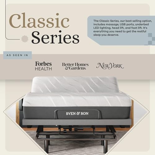 Sven & Son Classic Adjustable Bed Base Frame + 12 inch Memory Foam Matt Medium, Head and Foot Lift, Massage, Under-Bed Lights, USB, Memory Positions, Zero Gravity, Wireless Remote - Full
