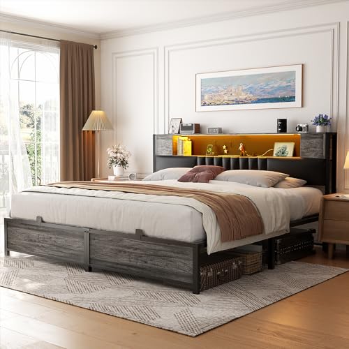 Unikito King Size Bed Frame with LED Light & Power Outlets, Platform Bed with Upholstered Headboard and Storage, Sturdy Metal Slats Support, No Box Spring Needed, Easy Assembly, Noise-Free, Black Oak
