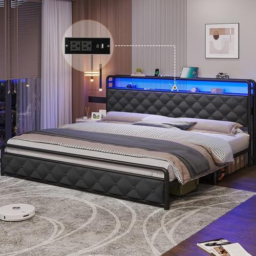 HAUOMS King Bed Frame with LED Lights,Platform Bed King Size with 2 Tier Headboard Storage, Type-C & USB Charging Station, Linen Fabric & Metal,No Box Spring Needed, Dark Grey & Black