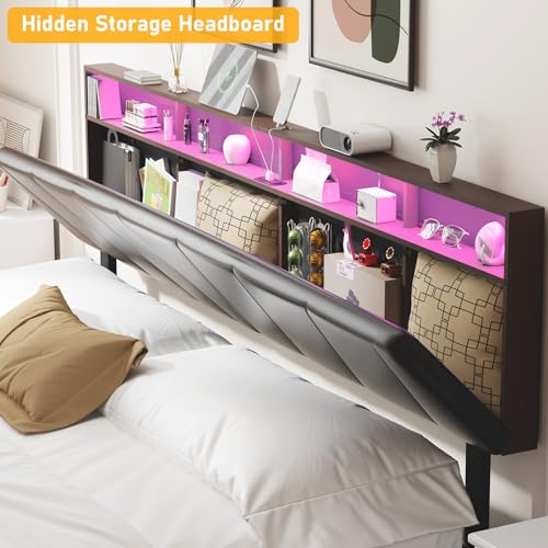 DYHOME Floating Bed Frame King Size with Headboard Storage, King Bed Frame with Charging Station & LED Lights, PU Leather Upholstered Platform Bed Frame, No Box Spring Needed, Easy Assembly, Black