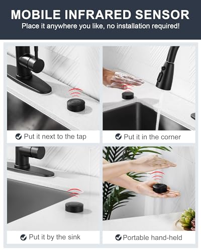 Touchless Kitchen Faucet Stainless Steel: WOWOW Mobile Motion Sensor Kitchen Sink Faucet with Sprayer, Automatic Smart Kitchen Faucet for Sink 1 or 3 Hole, Matte Black