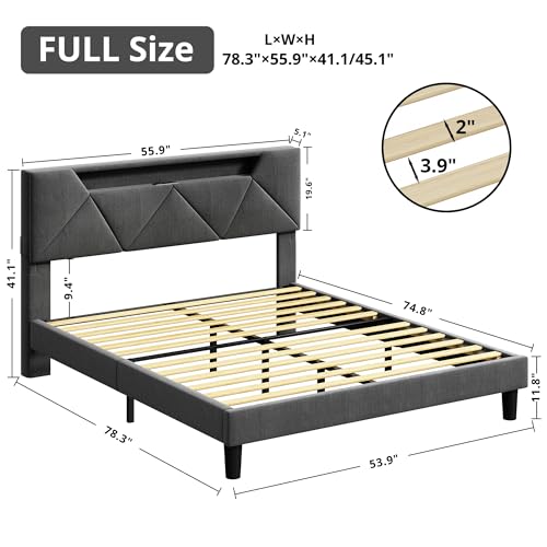 ANCTOR Full Bed Frame with Storage Headboard and Charging Station, LED Lights Upholstered Platform Bed, Heavy Duty Steel Support Legs, Easy Assembly, Noise Free, Grey