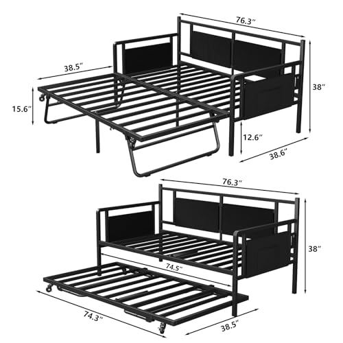 Furniouse Daybed with Charging Station and LED Lights, Twin Daybed with Trundle, Metal Sofa Bed Frame with Steel Slat Support for Living Room, Bedroom, Guest Room Black