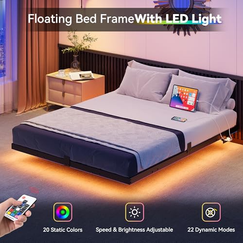 YITAHOME Floating Bed Frame Full Size, LED Bed Frame with Charging Station, Metal Platform Full Bed with Heavy Duty Steel Slats Supports, No Box Spring Needed, Easy Assembly, Black