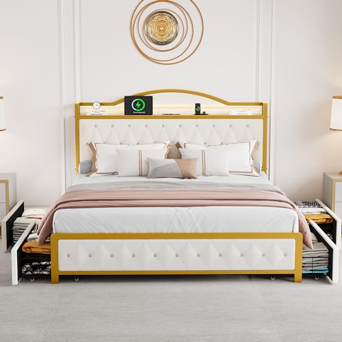 YITAHOME Queen Bed Frame with LED Lights, Platform Upholstered Bed with 4 Storage Drawers and Charging Station, Crystal Button-Tufted Headboard Footboard, No Box Spring Needed - White