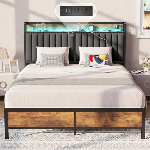 Fluest Queen Bed Frame with Headboard Upholstered,Metal Platform with Under-Bed Storage,Built-in Charging Station & LED, Noise-Free, Metal Support, No Box Spring Needed, Vintage Brown&Light Grey