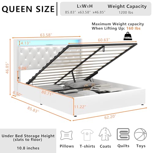 Loomie Queen Lift Up Bed Frame with Charging Station&LED Lights,Leather Upholstered Bed with Button Tufted Wingback Storage Headboard,Hydraulic Storage, No Box Spring Needed,Wood Slats Support (White)