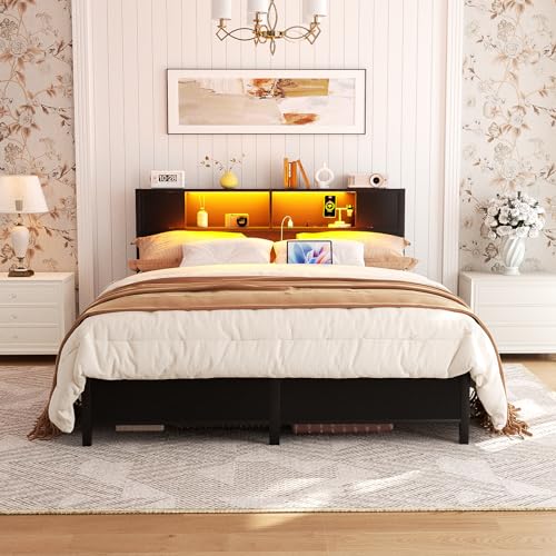 Homieasy Queen Size Bed Frame with Storage Headboard and Charging Station, Industrial Platform Metal Bed with LED lights, Steel Slat Support, No Box Spring Needed, Noise-Free, Easy Assembly, Black