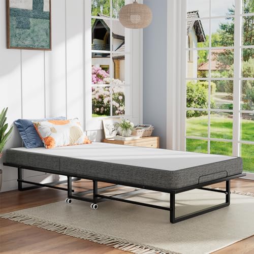 ROOMTEC Folding Bed with Mattress,Portable Rollaway Guest Bed for adults,75" x 31"Cot Size Bed Frame with Memory Foam Mattress,Space-Saving Adult Bed for Guest with Bed Side Pocket