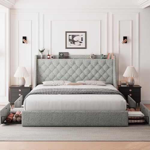 Feonase Queen Size Bed Frame with 4 Storage Drawers, Upholstered Storage Bed with Charging Station, Tufted Wingback Storage Headboard, No Box Spring Needed, Light Grey