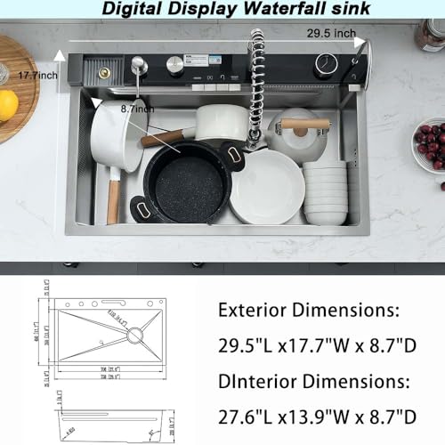 30 Inch Drop In Waterfall Kitchen Sink with Pull-out Faucet-Wesliv 30x18 Drop In Kitchen Sink Digital Display Kitchen Sink 18 Guage Multifunction Single Bowl Smart Kitchen Sink with Cup Washer