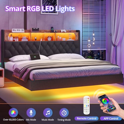 BTHFST King Floating Bed Frame with LED Light, Upholstered Headboard with Storage Headboard & Charging Station, King Platform Bed Frame (Dark Grey, King)