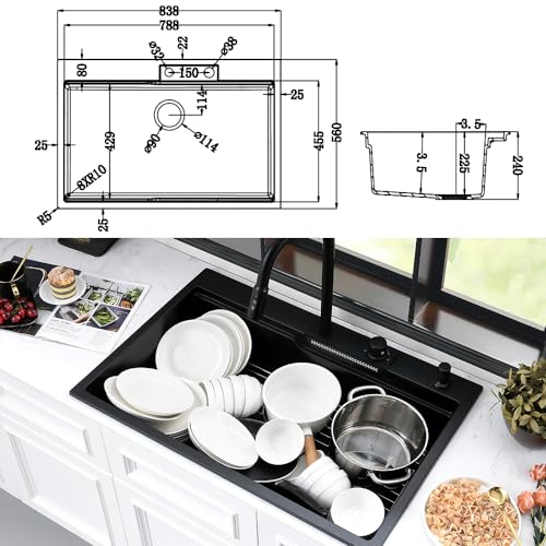 33 Black Drop In Waterfall Kitchen Sink with Faucet Combo-iAnomla 33x22 Drop In Kitchen Sink Smart Workstation Sink Black Quartz Multifunction Kitchen Sink Single Bowl Deep Kitchen Sink with Faucet