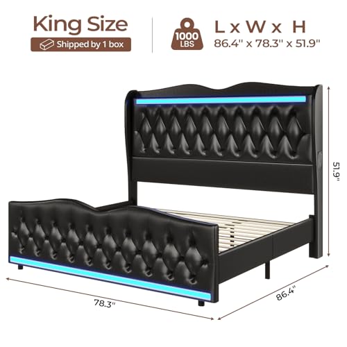 BTHFST King Size Bed Frame Tall Headboard with LED Lights & Charging Station, Upholstered Wing Headboard & Footboard, Heavy Duty Wooden Slats, No Box Spring Needed, Easy Assembly (Black, King)
