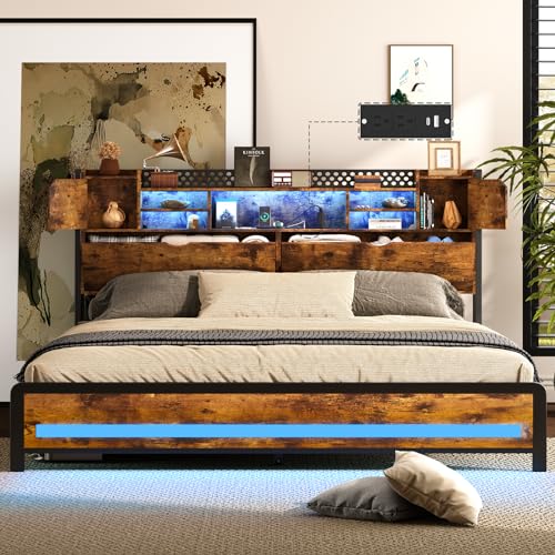 King size Bed Frame with Charging Station(Type-C & USB ports), Adjustable RGB LED light, 3 tier storage headboard with hidden storage space, Heavy duty steel slated, 1100Lbs capacity, Vintage Brown