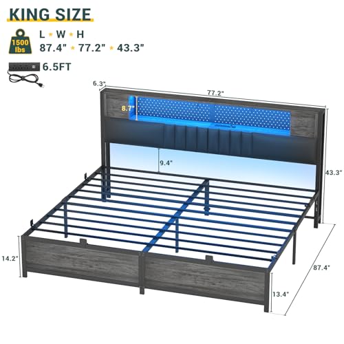 Unikito King Size Bed Frame with LED Light & Power Outlets, Platform Bed with Upholstered Headboard and Storage, Sturdy Metal Slats Support, No Box Spring Needed, Easy Assembly, Noise-Free, Black Oak