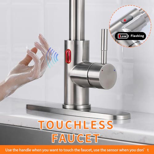OWOFAN Touchless LED Light Kitchen Sink Faucet Pull Down Sprayer Smart Motion Sensor Activated Hands Free Single Handle Kitchen Faucet Brushed Nickel