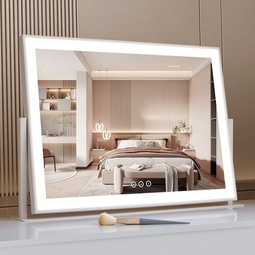Acoolda Vanity Mirror with Lights, Large Makeup Mirror with Lights, LED Lighted Makeup Mirror with 3 Color Light Modes, Smart Touch Tabletop Mirror for Makeup Desk 360° Rotation 22.8" x 18" White