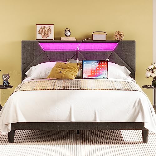 ANCTOR Full Bed Frame with Storage Headboard and Charging Station, LED Lights Upholstered Platform Bed, Heavy Duty Steel Support Legs, Easy Assembly, Noise Free, Grey
