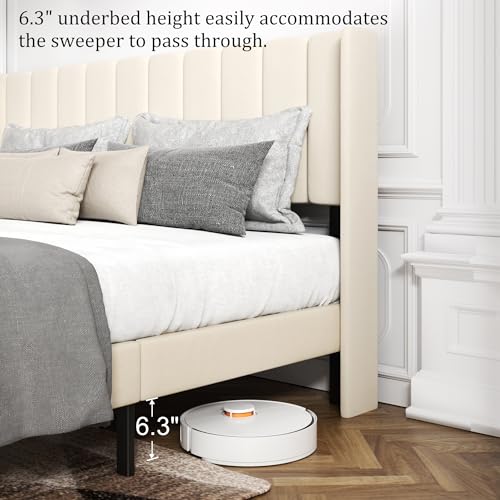 HAOARA King Size Velvet Bed Frame and Vertical Chanel Tufted Headboard, Upholstered Platform Bed wtih Wingback, Strong Wooden Slats, No Box Spring Needed, Beige
