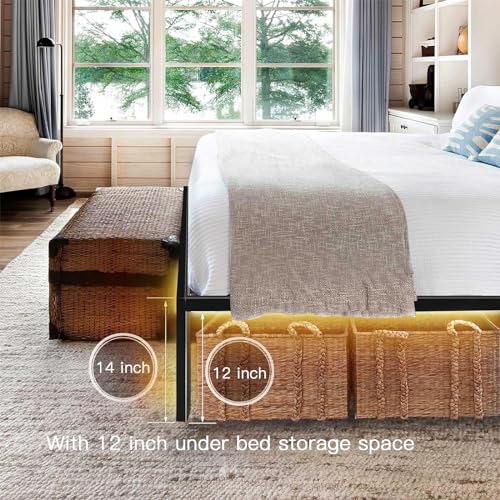 HAAGEEP Metal Full Size Bed Frame with Led Lights Double Platform Bedframe No Box Spring Needed Mattress Frames 14 Inch High