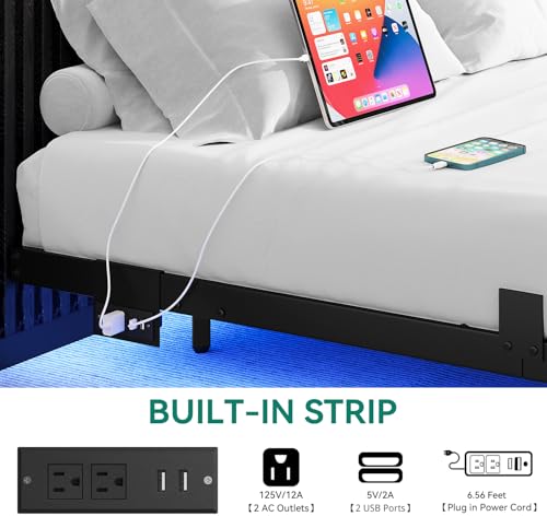YITAHOME Floating Bed Frame Full Size, LED Bed Frame with Charging Station, Metal Platform Full Bed with Heavy Duty Steel Slats Supports, No Box Spring Needed, Easy Assembly, Black