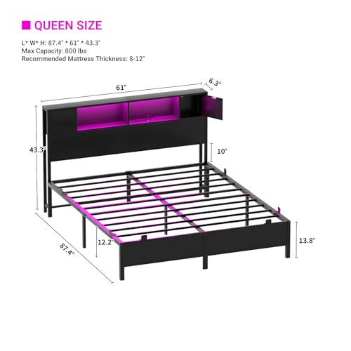 Homieasy Queen Size Bed Frame with Storage Headboard and Charging Station, Industrial Platform Metal Bed with LED lights, Steel Slat Support, No Box Spring Needed, Noise-Free, Easy Assembly, Black