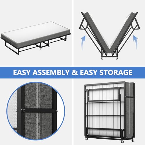 ROOMTEC Folding Bed with Mattress,Portable Rollaway Guest Bed for adults,75" x 31"Cot Size Bed Frame with Memory Foam Mattress,Space-Saving Adult Bed for Guest with Bed Side Pocket