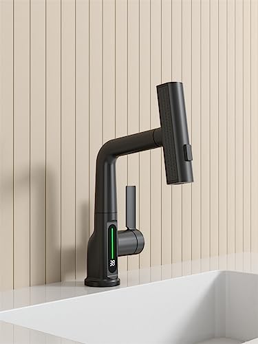Weirun Bathroom Single Handle Basin Sink Pull Out Faucet with Rainfall Spray Head Temperature Digital Display Vanity Mixer Tap Matte Black