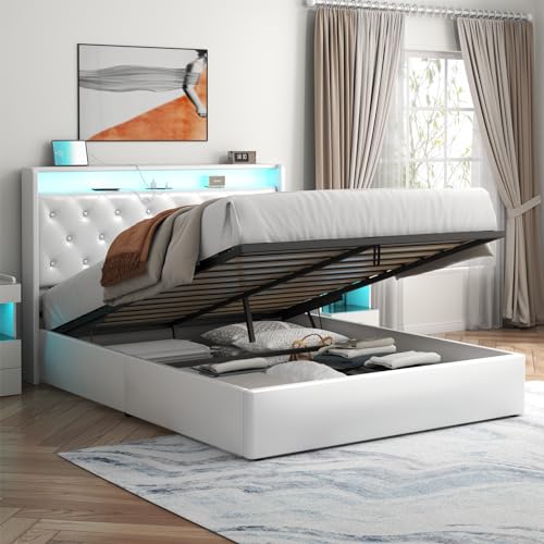 Loomie Queen Lift Up Bed Frame with Charging Station&LED Lights,Leather Upholstered Bed with Button Tufted Wingback Storage Headboard,Hydraulic Storage, No Box Spring Needed,Wood Slats Support (White)
