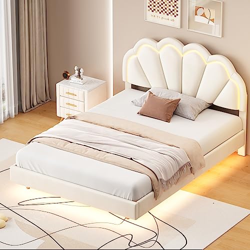 Bellemave Upholstered Platform Bed with LED Lights, Velvet Bed Frame with Flowers Headboard and Wooden Slats Support, Upholstered Smart LED Bed Frame for Adults and Kid (White, Full Size)
