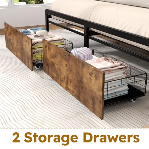 Kiivakii Full Size Bed Frame, LED Storage Headboard with Charging Station, 2 Drawers Platform Bed Frame, Stable and Solid, No Box Spring Needed, Rustic Brown