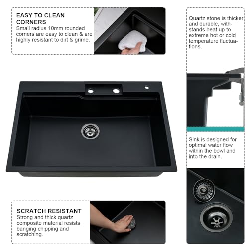 33 Black Drop In Waterfall Kitchen Sink with Faucet Combo-iAnomla 33x22 Drop In Kitchen Sink Smart Workstation Sink Black Quartz Multifunction Kitchen Sink Single Bowl Deep Kitchen Sink with Faucet