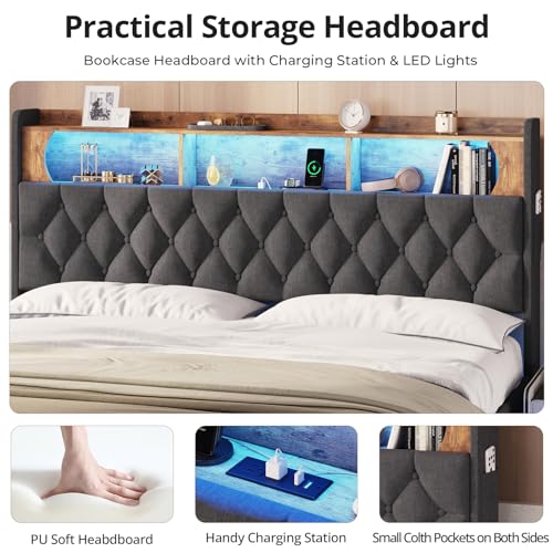 BTHFST King Floating Bed Frame with LED Light, Upholstered Headboard with Storage Headboard & Charging Station, King Platform Bed Frame (Dark Grey, King)