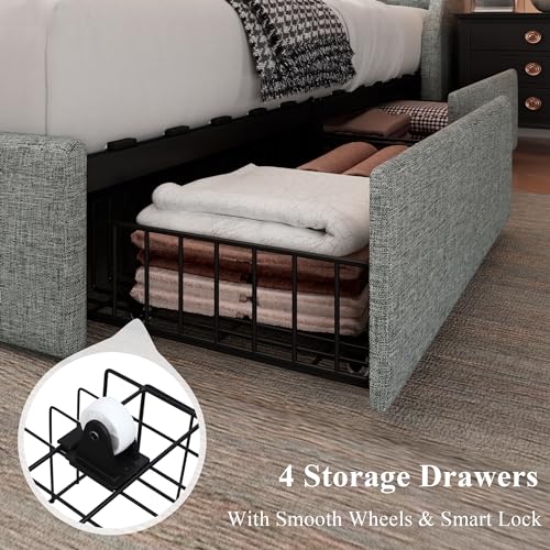 Feonase Queen Size Bed Frame with 4 Storage Drawers, Upholstered Storage Bed with Charging Station, Tufted Wingback Storage Headboard, No Box Spring Needed, Light Grey