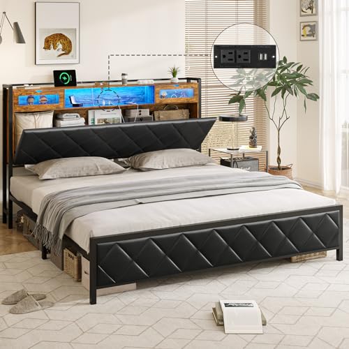 DICTAC King Size Metal Bed Frame with Headboard and Charging Station, King Platform Bed Frame with Led Lights and Storage, Heavy Duty Metal Slats, No Box Spring Needed, Noise Free, Easy Assembly,Black