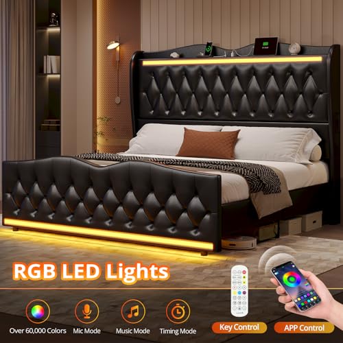 BTHFST King Size Bed Frame Tall Headboard with LED Lights & Charging Station, Upholstered Wing Headboard & Footboard, Heavy Duty Wooden Slats, No Box Spring Needed, Easy Assembly (Black, King)