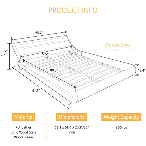 SHA CERLIN LED Queen Bed Frame with Adjustable Headboard - Low Profile Sleigh Design, Strong Wood Slats Support and Mattress Foundation, No Box Spring Needed, Grey