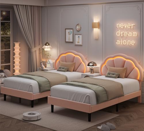 HIFIT 2 Piece Twin Upholstered LED Bed Frame with Adjustable Cute Petal Headboard, Soft Velvet Princess Platform Bed for Girls/Kids, Solid Wood Slats Support, No Box Spring Needed, Easy Assembly, Pink